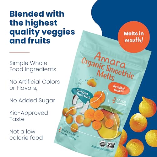 Image of Amara Smoothie Melts - Mango Carrot - Organic Baby Snacks w / Fruits & Veggies - Plant Based Yogurt Melts - Healthy Toddler Snack - Activity Book Included - Enjoy From 10+ Mos - 6 Resealable Bags