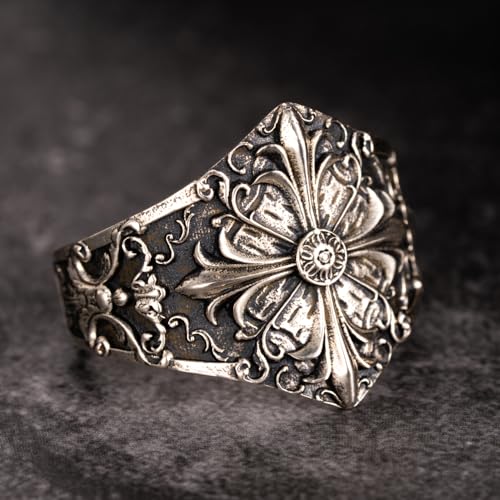 Retro 925 Sterling Silver Fleur de lis Cross Ring Baroque Floral Ring for Men Women Open Adjustable Size S/M/L3