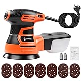 Exzenterschleifer 125mm, 350W Schleifmaschine, 6 Stufiger Drehzahlregelung bis 13,000 U/min, mit Staubfangbehälter und 14 Schleifpapier, für Holzbearbeitung, Polieren und Schleifen