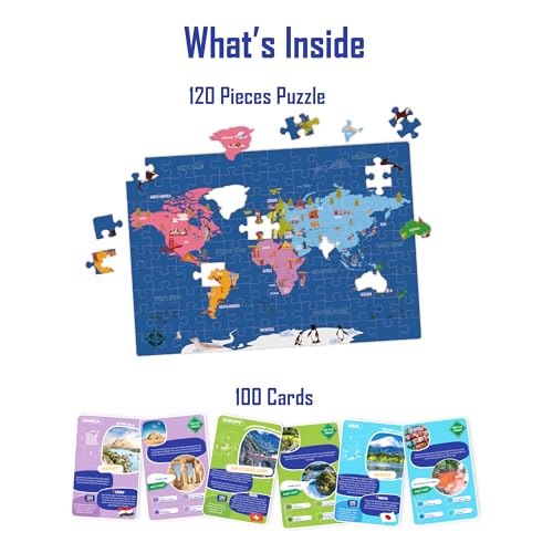 World Map Puzzle and 100 Flash Cards Combo | Facts on Continent, Countries, Oceans Improve Hand Eye Coordination, Concentration | World Geography Puzzle Flash Card for Kids - Image 3