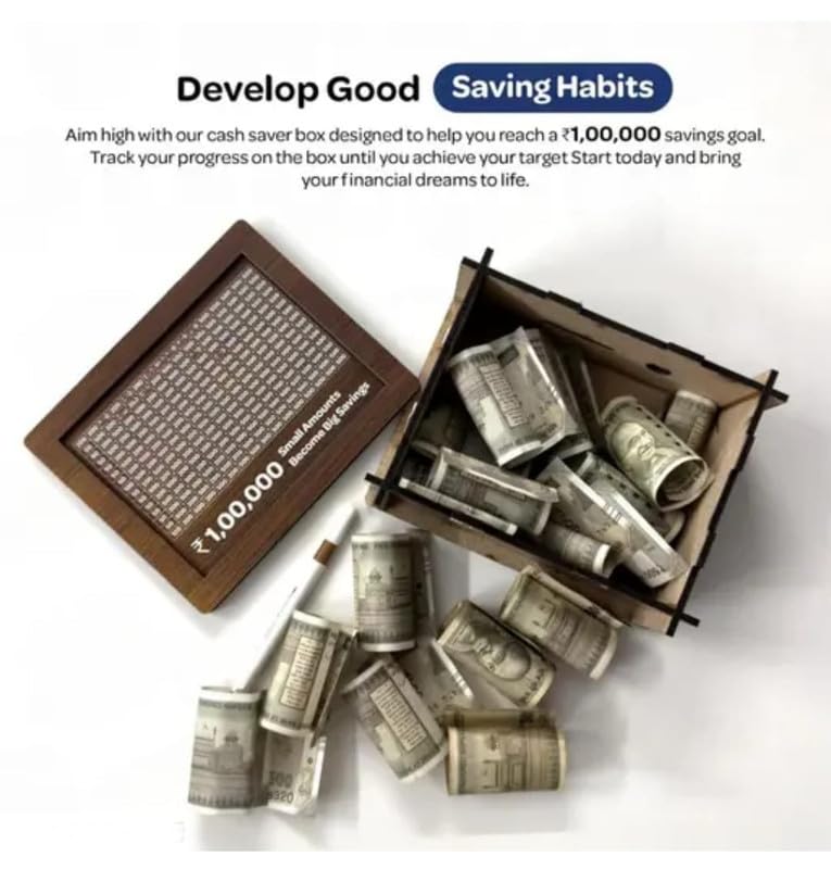 Image of Sevaansh Wooden Money Saving Box 100000 Challenge |Wooden Piggy Bank for Adults & Kids | Money Goal Tracker Box | Home Savings Organizer Gift SE Money Bank 91