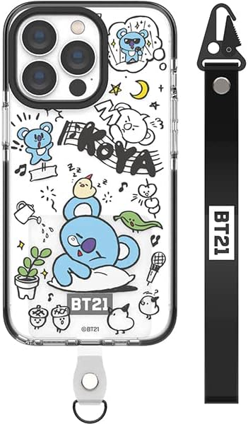 BT21 Doodle Smart Tab Clear Line Case Compatible with iPhone 13 Pro 6.1 Inch, Durable Full Body Protection, with Strap, Raised Lip (Screen & Camera Protection) [Official Product] (KOYA)