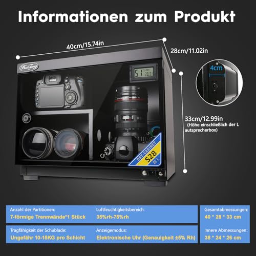 Camera Drying Cabinet, Electronic Moisture-proof Drying Cabinet, Low Noise and Energy Saving for Storing Camera Lens, Electronic Devices, Stamps and Tea, 28L