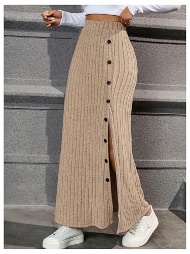 MakeMeChic Women's Split Hem Elastic High Waisted Button Long Skirt Ribbed Knit Maxi Skirts3