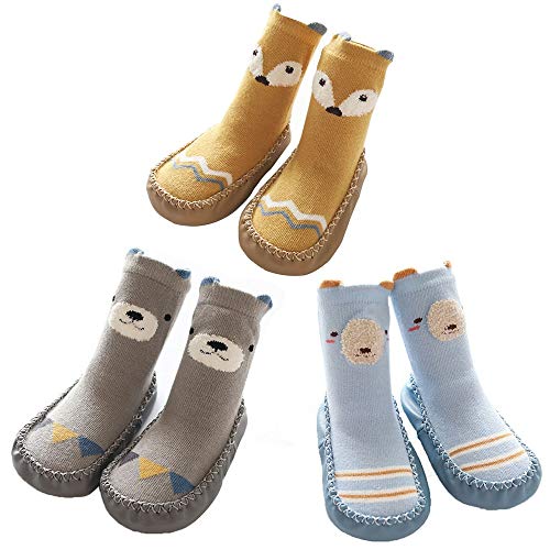 FOUR-C Toddlers Socks for Baby Boy Girl Animal Moccasins Non-Skid Indoor Slipper Winter Warm Shoes Socks (3 Pack-Baby Boy, 0~5 months(foot size 6- 9cm))