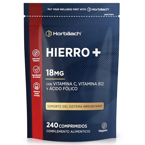 Hierro y Vitamina C (80mg) Suplemento | con Vitamina C, Vitamina B12 y Ácido Fólico | 240 Comprimidos Veganos | Vegan Iron Supplement para el hombre y la mujer | Horbaach