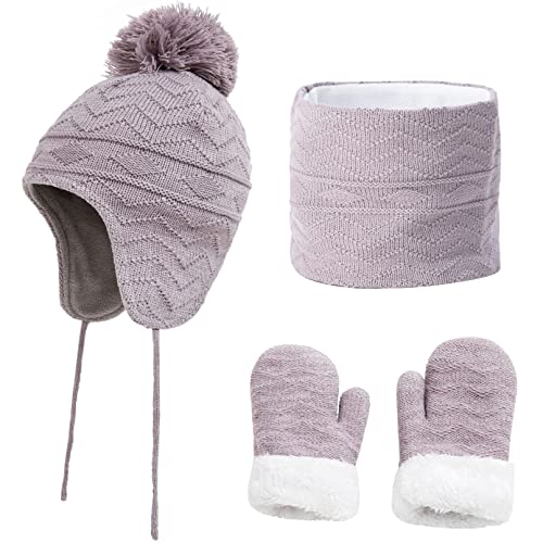 Enfant Bonnets Oreillette et Écharpes en Tricot Fille Épais Chaud Hiver Ensemble Set de 3 Pièces Enfant Ensemble Chapeau Hiver Bonnet Écharpe Gant Tricot Doublure Épaisse pour Fille (gris, L) Cover