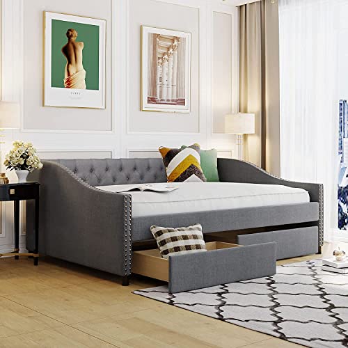CITYLIGHT Full Size Upholstered Daybed with Storage, Wood Full Daybed with Storage Drawers, Tufted Daybed Sofa with Nailhead Trim for Living Room,Bedroom, Grey