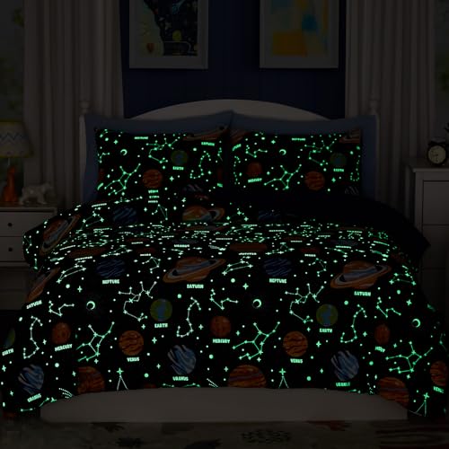 Full Size Comforter Set for Boys-7 Pieces Space Glow in The Dark Full Bedding Sets for Kids, Ultra Soft Bed in A Bag with Sheets
