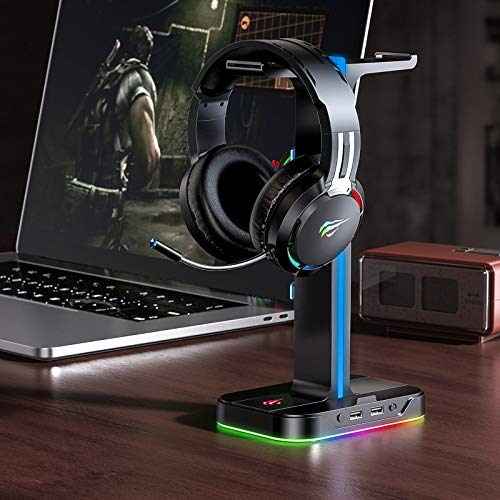 havit Porta Cuffie RGB Supporto per Doppio Cuffie Gamings con 2 caricatori USB, Supporto per Cuffie da Gioco con 7 modalità di Illuminazione, per PC/Netbook/Gamer