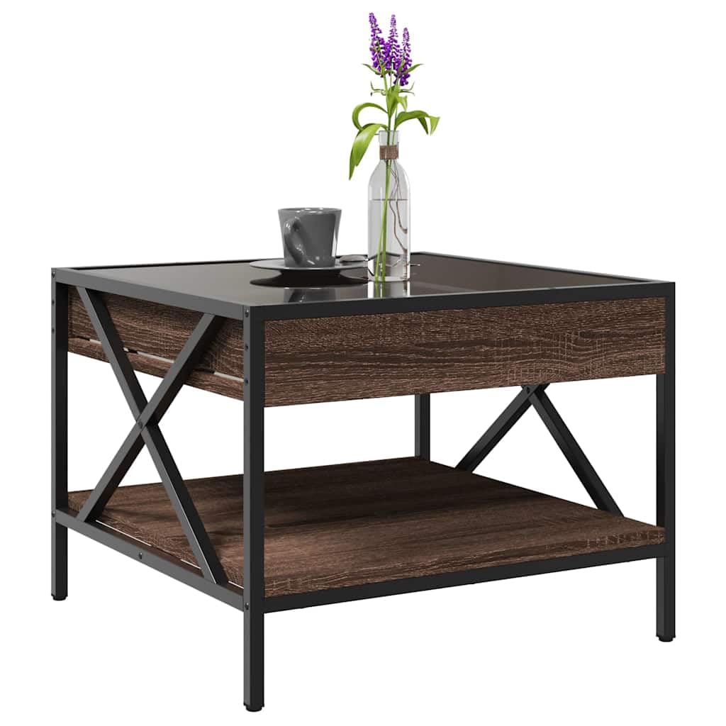 Stolik kawowy z diodami LED Infinity o wyglądzie brązowego dębu, 50 x 50 x 38 cm, materiał drewnopochodny z metalowymi nóżkami, uniwersalny stolik pomocniczy i stolik do odkładania do salonu