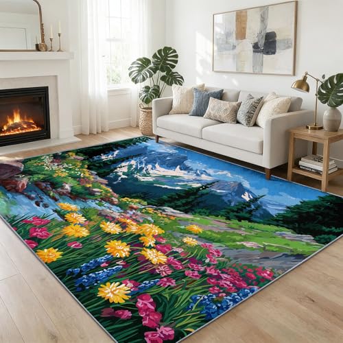 Tapis de salon lavable en machine imprimé montagne antidérapant - 3