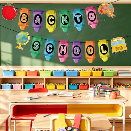 Image of Back to School Banner First Day of School Garland Crayon Apple Classroom Decorations for Teacher Kindergarten Preschool Classroom Office Bulletin Board Decor Photo Backdrop Party Favors