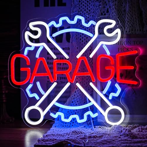 Image of Garage Neon Sign Gear Wrench LED Light Up Sign for Wall Decor USB Check Engine Neon Light for Car Repair Shop Man Cave Gift for Dad Boys(12.6 * 14.5 In)