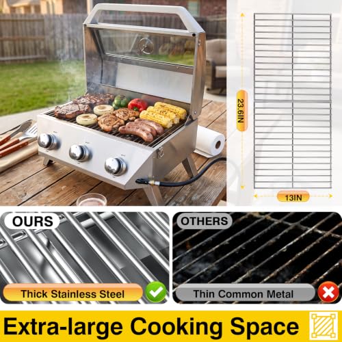 Image of Bestfire 3-Burner Tabletop Propane Gas Grill, 30,000 BTU Portable Propane BBQ Grill with Viewing Glass Lid & Thermometer, Stainless Steel Outdoor Cooking Grill for Camping, RV, Patio and Tailgating