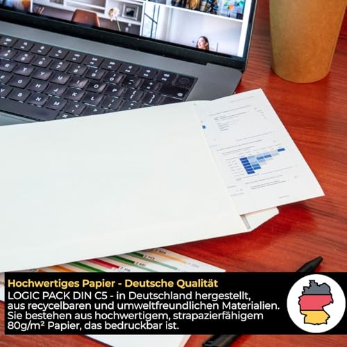 LOGIC PACK 50 Briefumschläge ohne Fenster DIN C5 Umschläge Weiß haftklebend 162 x 229 mm 80g/m² Versandtaschen C5 Große Briefhüllen