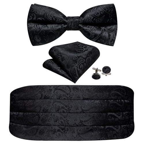 Barry.Wang Black Cummerbund Bow Tie for Men Paisley Silk Pre-Tied Bowtie Pocket Square Cufflinks Set Formal Wedding Party Prom Tuxedo