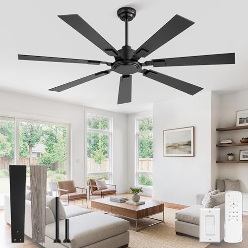 ZMISHIBO 60 Ceiling Fans No Light with Remote Black Modern Ceiling Fan Without Light Quiet Reversible DC Motor 6 Speeds 7 Blades Indoor/Outdoor Ceiling Fan for Living Room Bedroom Patio Garage