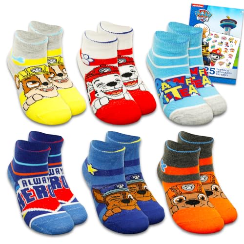 Paw Patrol Socks for Toddler 2T-4T - Bundle with 6 Pairs of Pup Ankle Socks Size 4-7.5 Plus Tattoos for Boys | Paw Patrol Gift Set for Kids