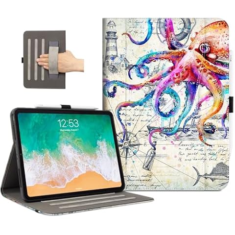 Lokigo for iPad Air 13 Inch Case 2024 M2/ iPad Pro 12.9 Case (6th/5th/4th/3th Gen 2022/2021/2020/2018) with Pencil Holder, Support Touch ID and Auto Wake/Sleep (Cool Octopus) Cover