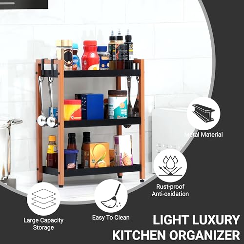 Image of Livzing Metal 3 Tier Spice Rack for Kitchen Space Saving Countertop Storage Racks Cosmetics Organizer Kitchen Shelf Bathroom Organizer Stand Multipurpose Tiered Shelves With Plastic Hooks - Black