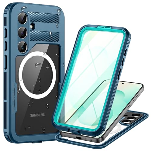 Coque Samsung S25 étanche IP68 antichoc intégrale et étui bleu compatible MagSafe
