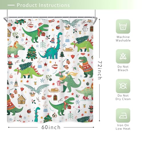 Image of Dinosaur Christmas Green Dino Cartoon Animals Bathroom Shower Curtain Set