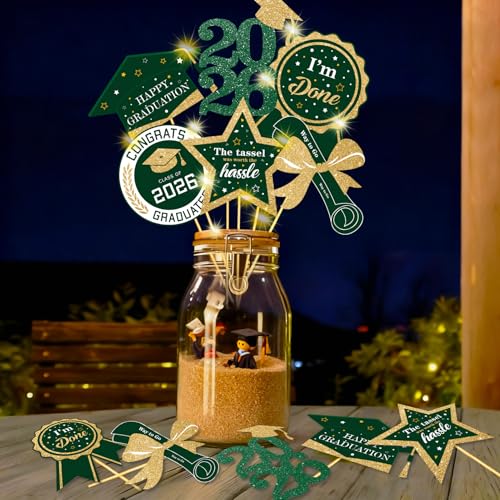 Image of kockuu Glitter Green Gold Graduation Decorations for Class of 2026-60pcs Green Gold Double Sided Graduation Table Centerpieces Sticks with LED String Lights for College High School Grad Party Decor