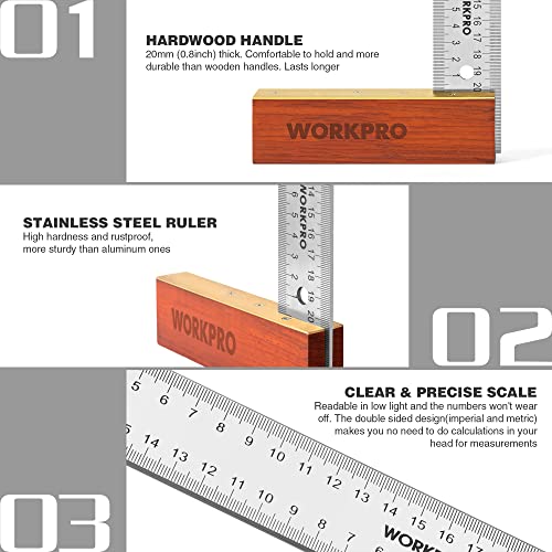 WORKPRO Schreinerwinkel, 2-teilig, Anschlagwinkel, 200 mm, verstellbare Gleitschräge 230 mm, Hartholzgriff, Edelstahlklinge für Handwerker, Holzbearbeitung
