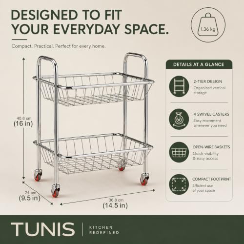 Image of TUNIS Tier Stainless Steel Kitchen Storage Trolley with Wheels | Multipurpose Vegetable & Fruit Rack Organizer | Movable Storage Cart for Kitchen, Pantry & Home (Open Wire Trolley, 2 Tier)