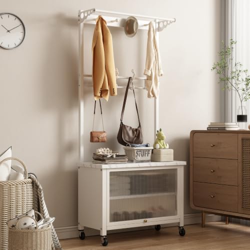 Hall Tree with Bench and Shoe Storage Coat Rack Entryway Organizer | 4-in-1 Hall Tree with 8 Hooks Hanging Rod Storage Shelves Wheels Heavy Duty Standing Clothes Rack for Hallway Entryway,White