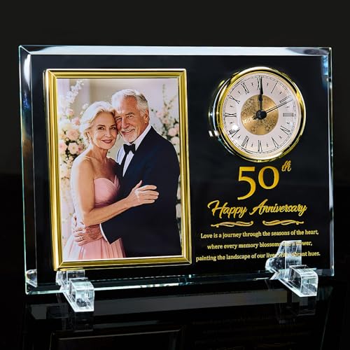 Dxaeuqr 50th Wedding Anniversary Keepsake for Couples, Crystal Glass Photo Frame Clock, Golden...