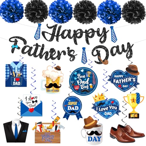 Image of 19pcs Fathers Day Decorations, Blue Black Pre-assembly Happy Fathers Day Banner Fathers Day Hanging Decorations, Fathers Day Decorations for Party Home Office