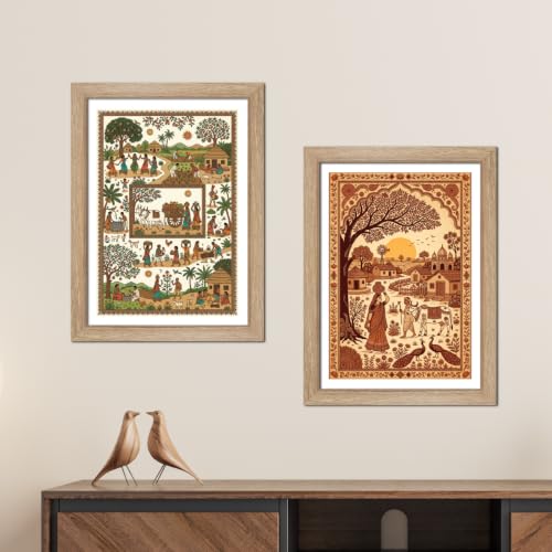 Image of TenorArts Traditional Tribal Folk Art Photo Frame Set of 2 , Indian Rural Arts Decor Wall Hanging Painting For Bedroom Living Room Cafe and Home decor / Minimal Drawing Framed Posters for Decoration (9x12 inches) [T2P-08T]