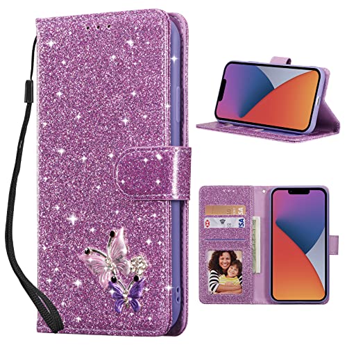 Étui iPhone 17 Pro Max de luxe pailleté violet avec motif papillon et strass étincelants