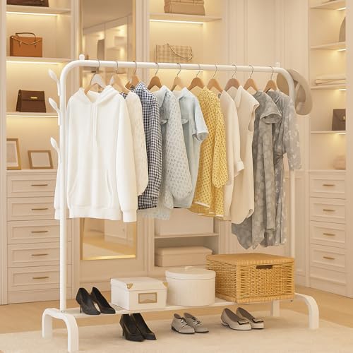 Image of Mevigo Heavy Duty Metal Clothing Rack with Storage Shelf | Freestanding Garment Organizer for Clothes, Shoes & Bags | Modern Wardrobe Rack for Bedroom, Entryway & Laundry Room (Bright-White, 2-Tier)