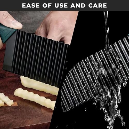 Image of PANCA Black Crinkle Knife for Vegetables & Fruits | Wavy Cutter for Potatoes, Salad, French Fries & Chips | Non-Stick Stainless Steel Blade with Ergonomic Handle (Green Handle)