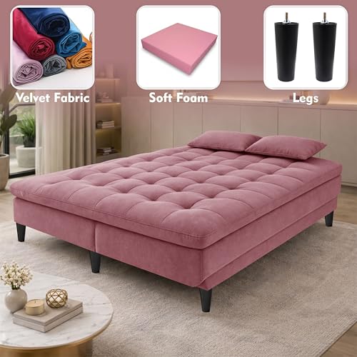 Image of Modern 3 Seater Sofa Cum Bed | Tufted Backrest | Velevt Fabric Upholstery | Living Room Furniture-Rose Pink