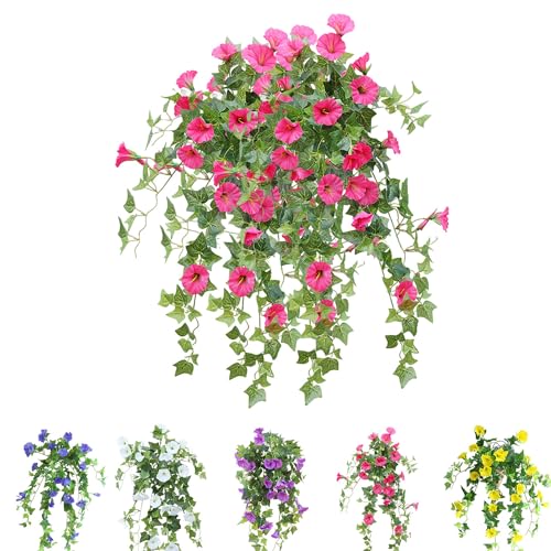 Rezebu 26in Uv Simulation Artificial Flower,24 Bunches Artificial Morning Glories,Fade Resistant Outdoor Flowers,Fake Petunias,Realistic Outdoor Artificial Flowers (Rose Red,1 Bouquet of 24 Flowers)