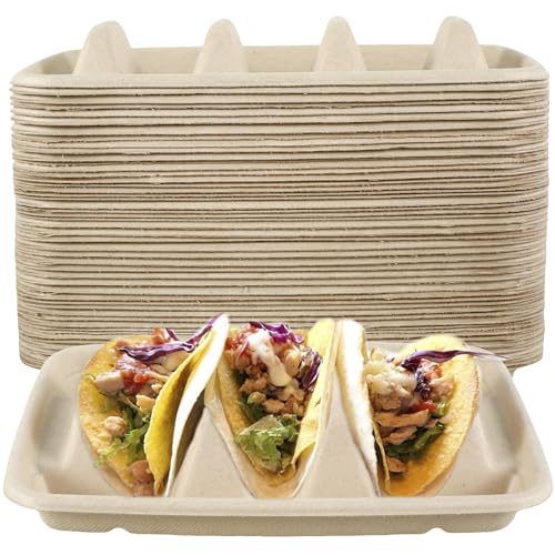 FALESOUL 50Pack Disposable Taco Holders with 3 Dividers, Paper Taco Holders, Taco Stands for 3 Tacos, Taco Plates Keep Your Tacos Upright Microwave Safe for Taco Pita Bread Party