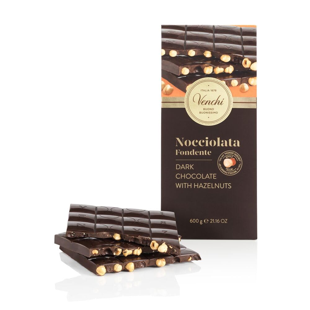 Venchi - Maxitableta de Chocolate Negro 60% con Avellanas del Piamonte IGP Enteras, 600 g - Sin Gluten- Vegano