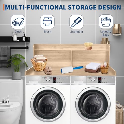 GarveeHome 2-Tier Washer Dryer Countertop, Wood Laundry Countertop with 2.75" H Edge Rails, Waterproof Washer Dryer Cover with Anti-Slip Pads for Laundry Room Organization and Storage