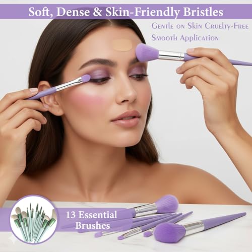 Image of GLUN 13 Piece Set Metallic Purple Colour, Travel Makeup Brushes with Cloth Bag for Makeup Artists, Foundation, Powder, Concealer, Eyeshadow, Blush, Highlighter, Eyebrow, Brushes