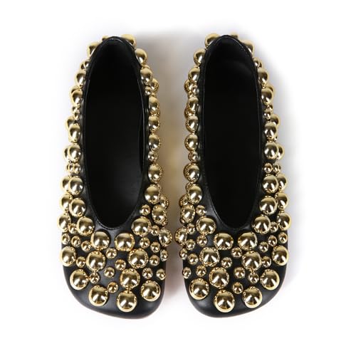 Saint Leia Women's Black Ballet Flats Shoes with Gold Silver Pearls Ideal for Work Parties Everyday Wear