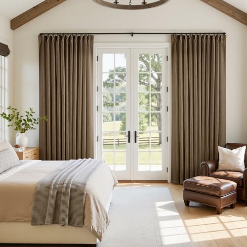Image of Extra Wide 96 Inch Long Curtains 70 Inch Wide Pinch Pleat Linen Curtains for Living Room Bedroom Light Filtering Privacy Pleated Drapes Hooks Rings Back Tab for Sliding Door Dutch Cocoa 1 Panel