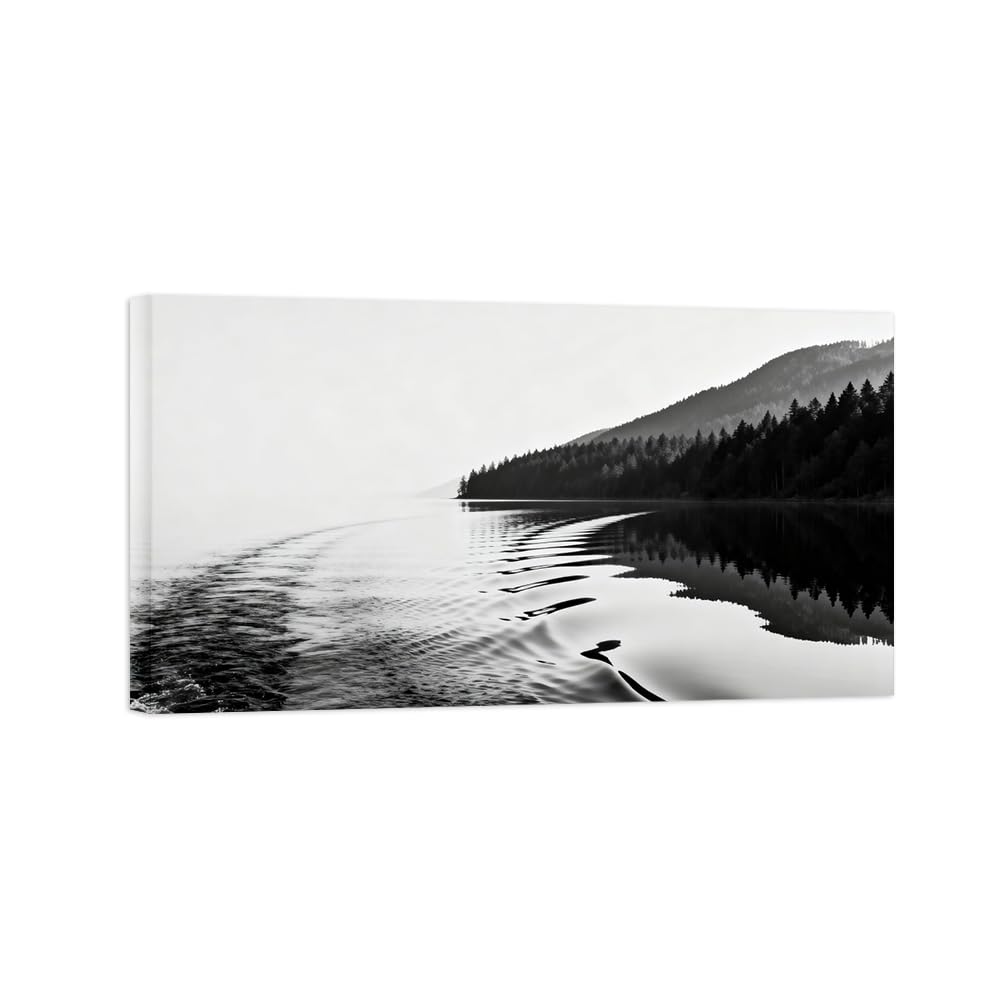 OZPWBVY Black and White Landscape Print Painting-Forest Lake 2-Minimalist Canvas Wall Art Picture for Home Ready to Hang 24x42in 60x108cm Wrapped Canvas