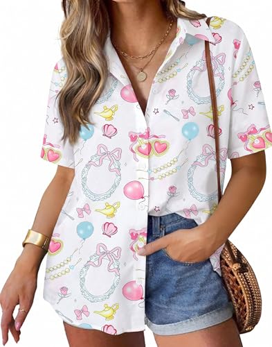 Image of ASTANFY Hawaiian Shirt Women Hawaii T-Shirt Tropical Floral Printed V Neck Shirts Soft Cool Summer Beach Button Up Blouse
