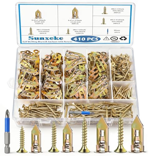 Sunxeke 410 PCS Self Drilling Drywall Anchors with Screws Kit - 2 Sizes Sheetrock Anchors & 4 Sizes...