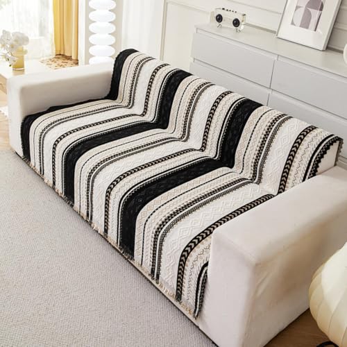 Image of HOMETHREADS Chenille Bohemian Boho Style Sofa Cover | Thick & Soft Luxury Slipcover | Protective, Washable & Stylish Couch Cover for Living Room Decor. (Boho Line Black, 1 Seater Large | 90x180cm)