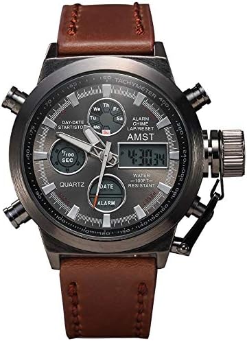 AMST Watch Men's Watch Multi-Function Dual Display top Quality Sports Watch LED Digital Quartz Watch (Full Black Brown Belt)